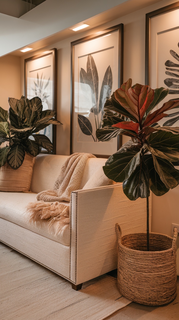 A cozy living room with a beige sofa, plants in woven baskets, and framed leaf art on the walls.