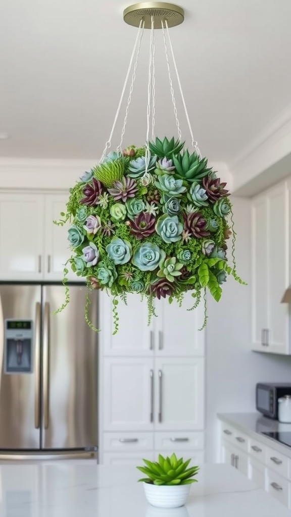 A beautiful tiered succulent chandelier with various types of succulents hanging in a modern kitchen.