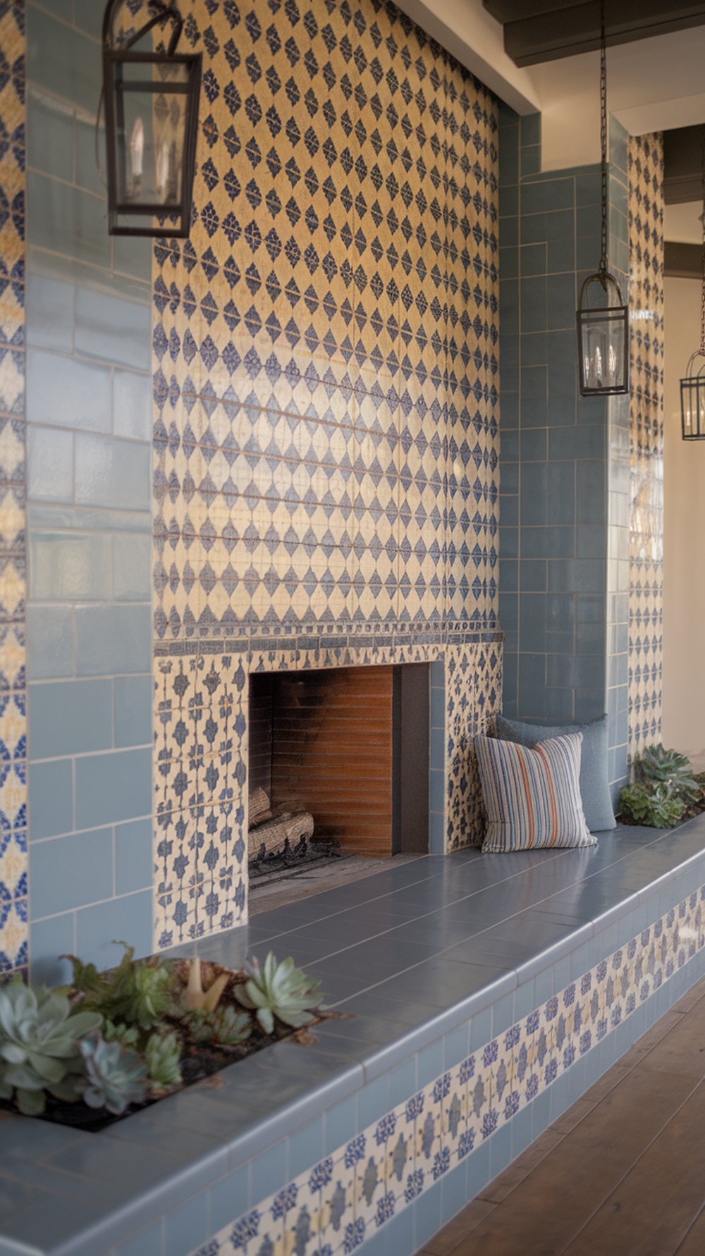 Tiled outdoor fireplace with blue and beige patterns, surrounded by succulents and a cozy seating area.