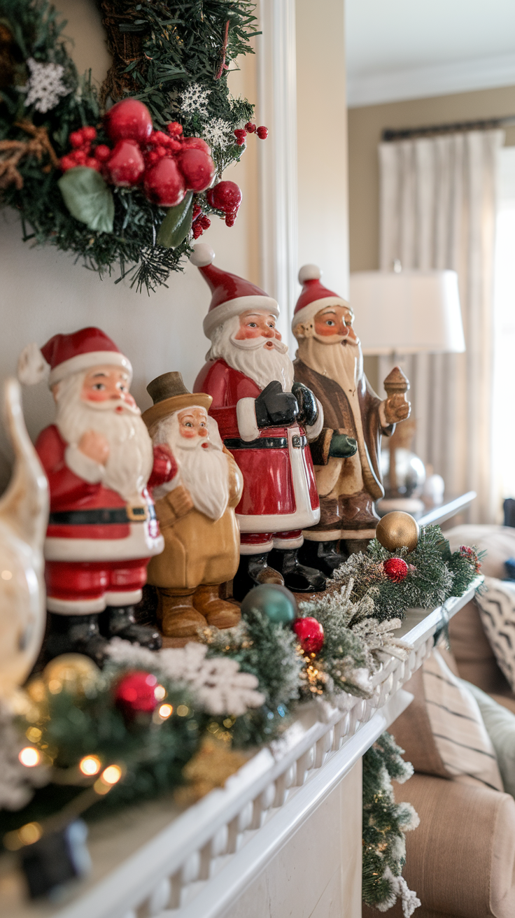 A collection of vintage Santa figurines displayed on a mantel, surrounded by festive decorations.