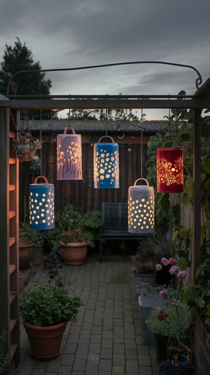 Colorful tin can lanterns hanging in a garden, lighting up the evening.