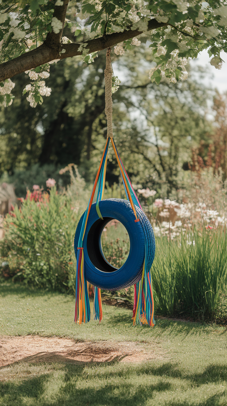 A blue tire swing hanging from a tree, surrounded by colorful flowers and greenery.