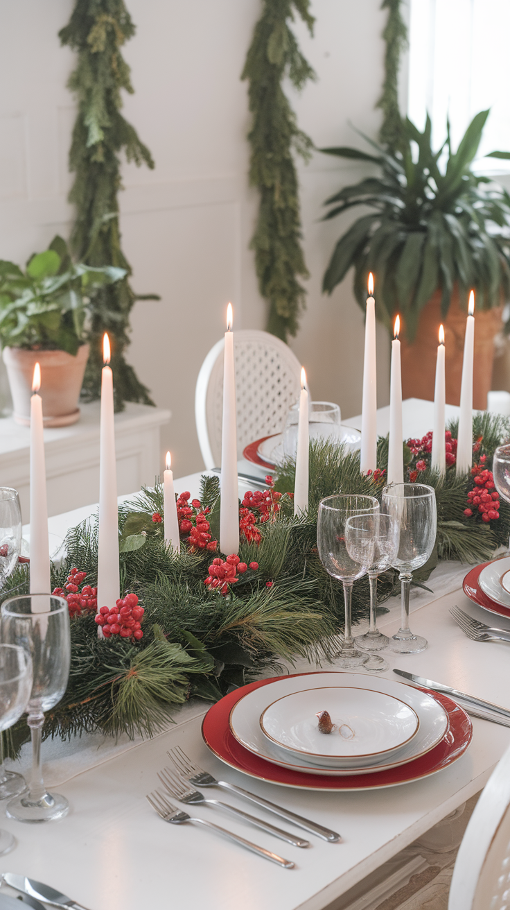 A beautifully arranged table with white candles, greenery, and red berries as a centerpiece.