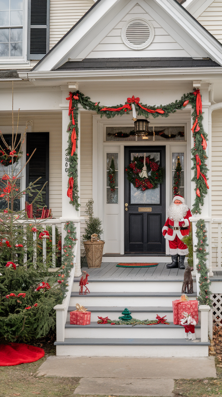 A beautifully decorated front porch for Christmas featuring greenery, red ribbons, and a Santa figure.