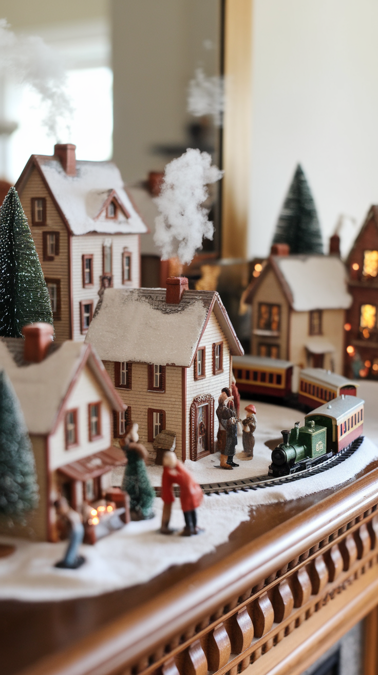 A detailed Christmas village scene with miniature houses, trees, and figures.