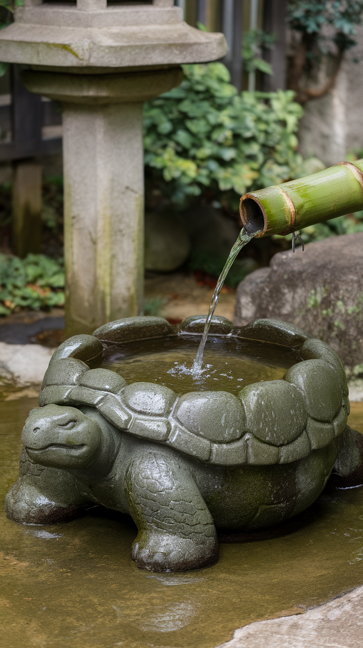 A traditional Tsukubai stone basin in the shape of a turtle, with water flowing from a bamboo spout, set in a serene garden.