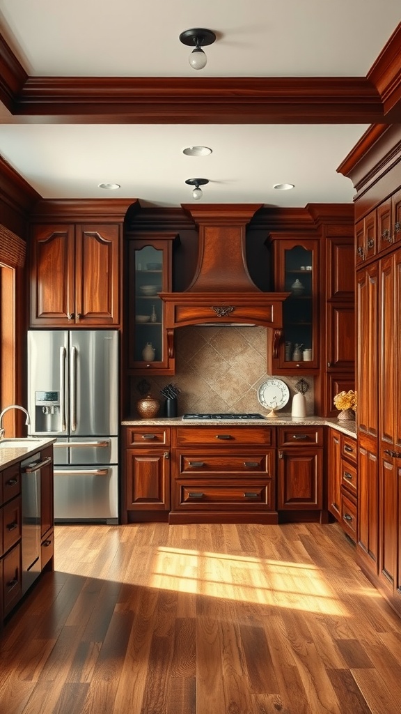 A cozy kitchen featuring traditional wood paneling with rich mahogany cabinetry and flooring.