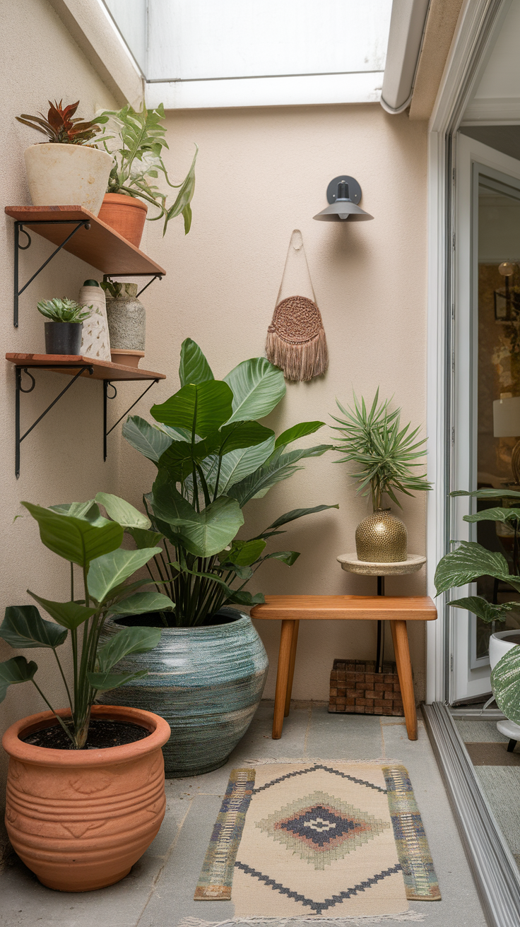 A cozy corner garden with plants and a small wooden table.