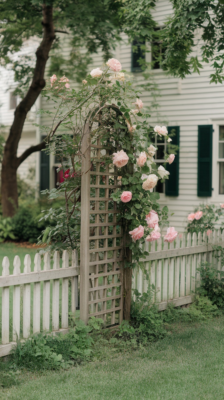 A wooden trellis with climbing roses in a small garden