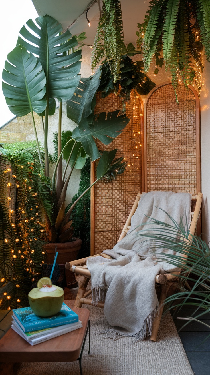 A cozy balcony featuring lush tropical plants, soft lighting, and a comfortable chair.