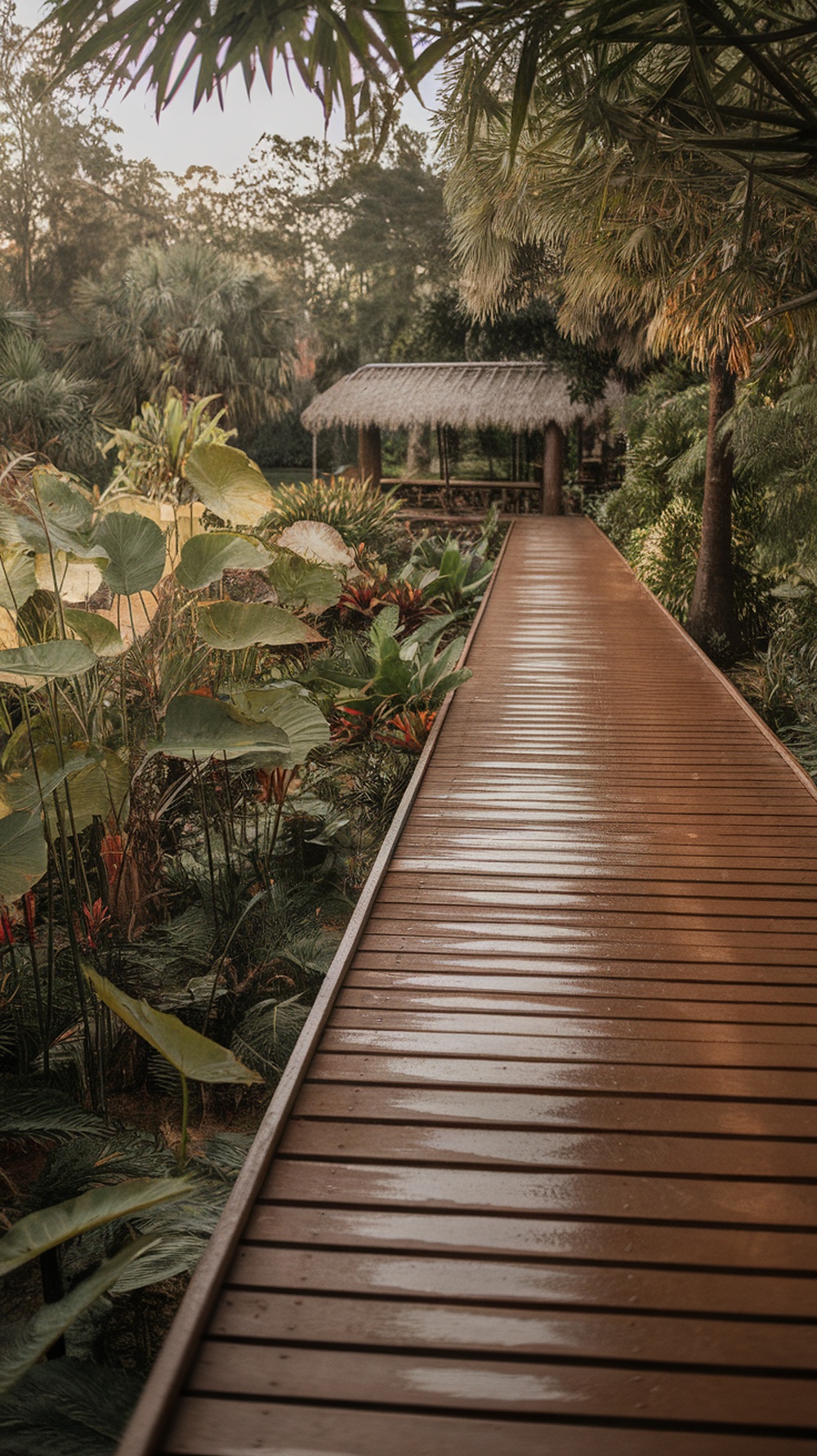 Wooden boardwalk pathway surrounded by tropical plants.