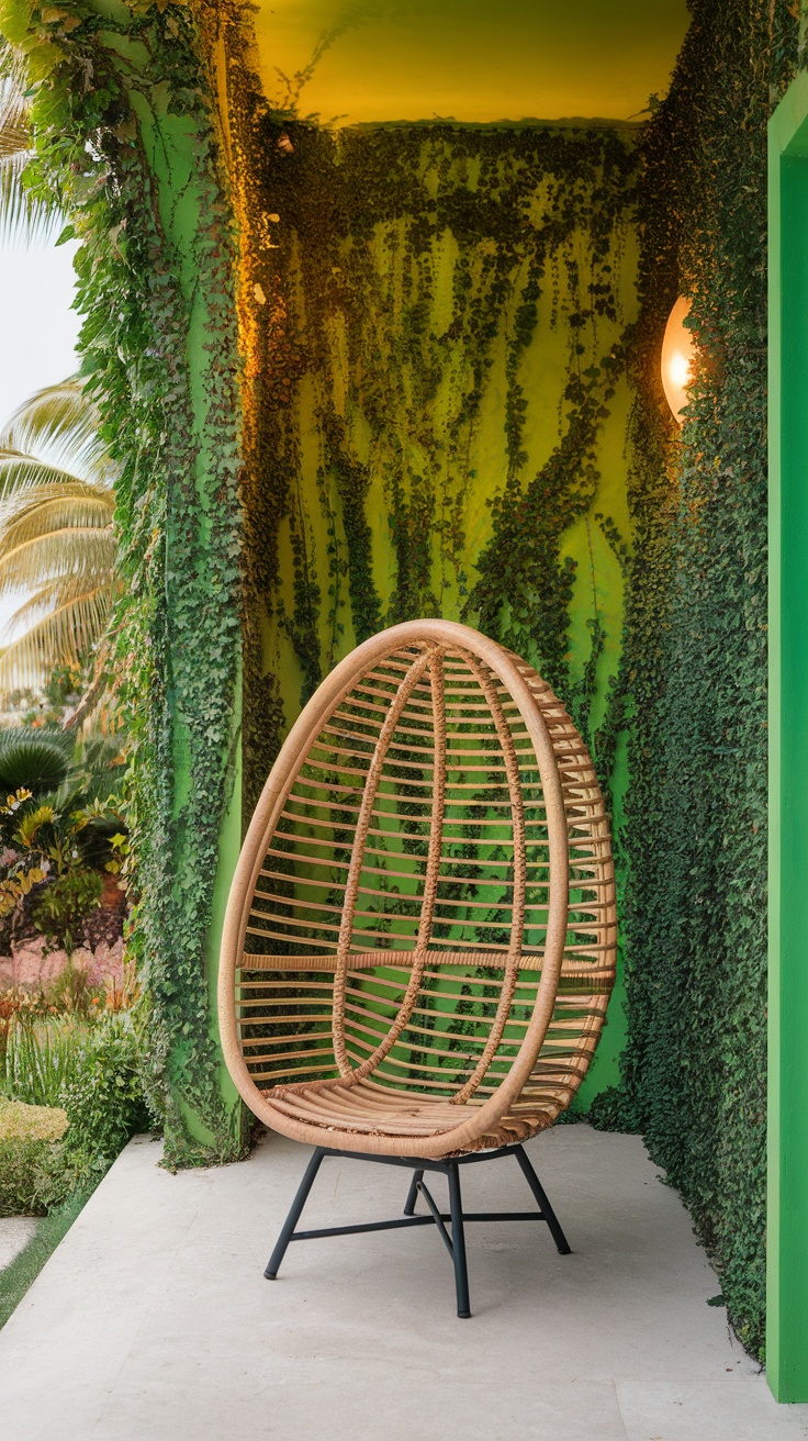 A cozy hanging chair surrounded by lush greenery in a tropical-inspired outdoor patio.