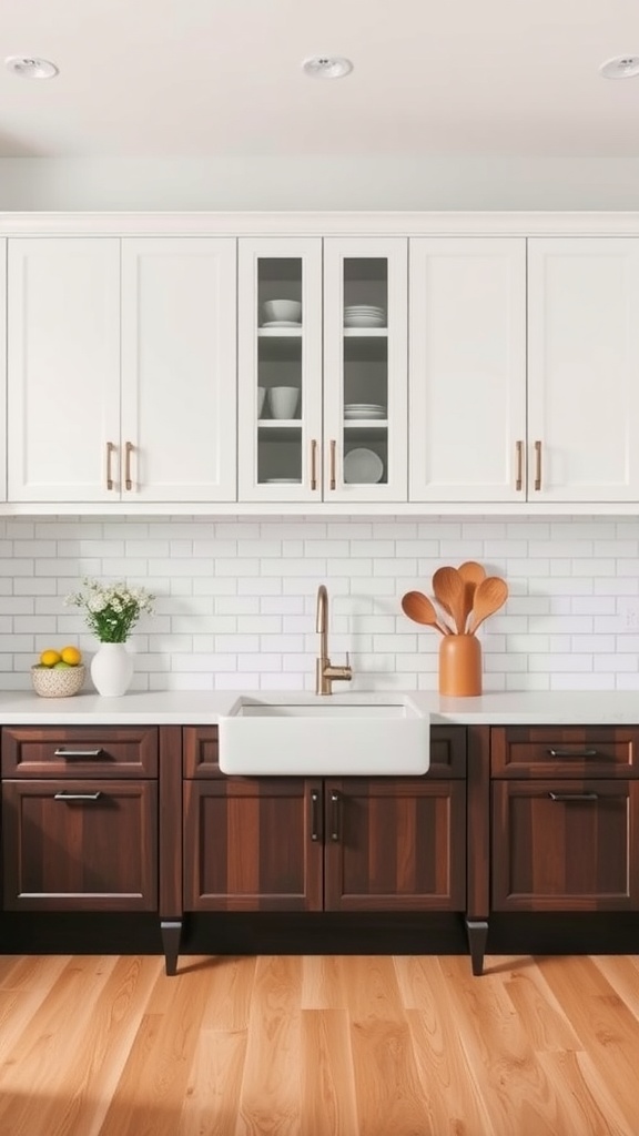 A modern kitchen featuring two-tone wood cabinets and white upper cabinets.