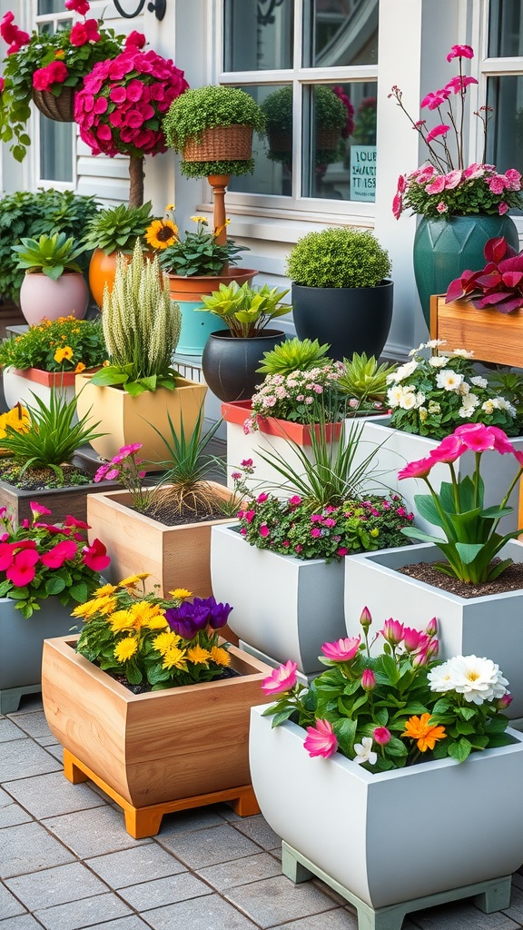 A variety of colorful planter boxes filled with vibrant flowers and greenery arranged in a charming outdoor space.