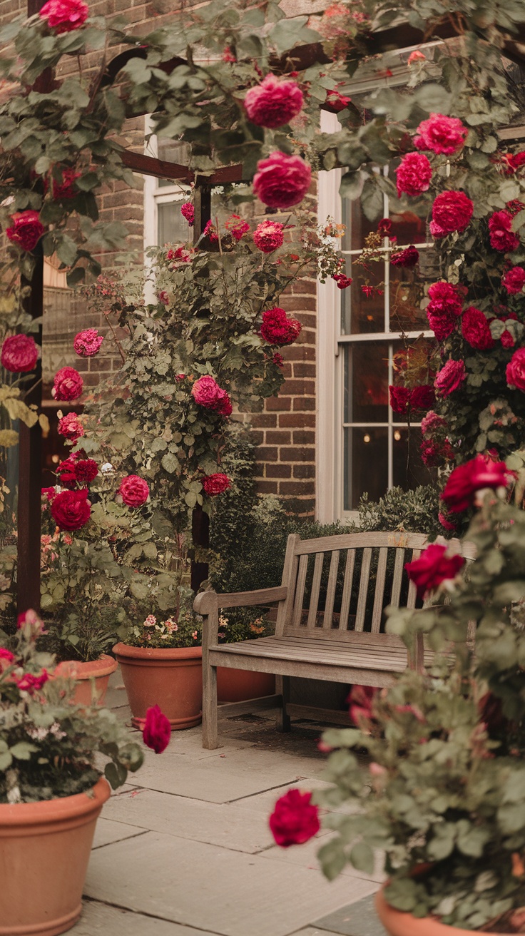 A cozy urban courtyard filled with vibrant red roses and a wooden bench.