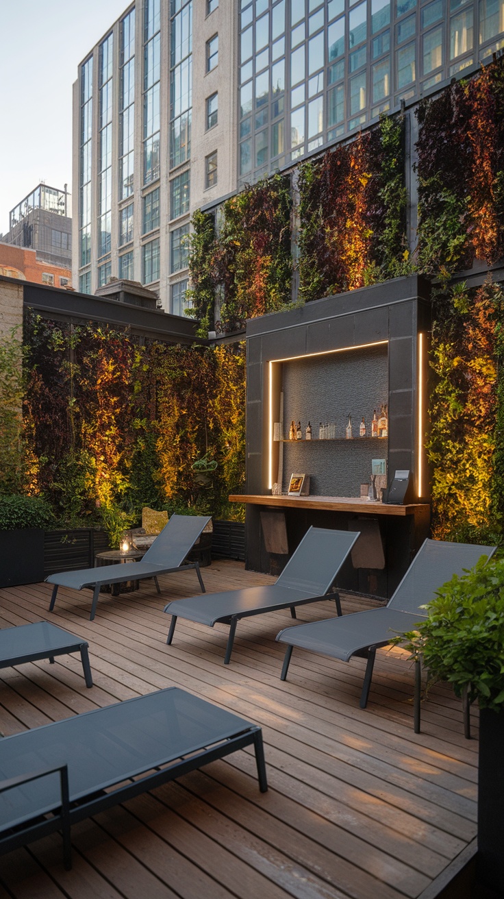 Stylish urban rooftop patio with lounge chairs and greenery.