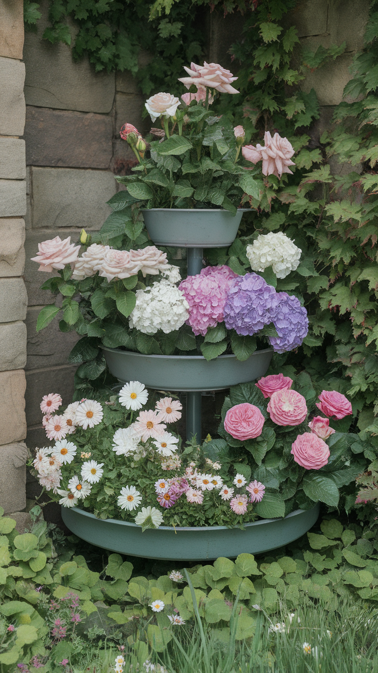 A multi-tiered plant stand filled with various colorful flowers.