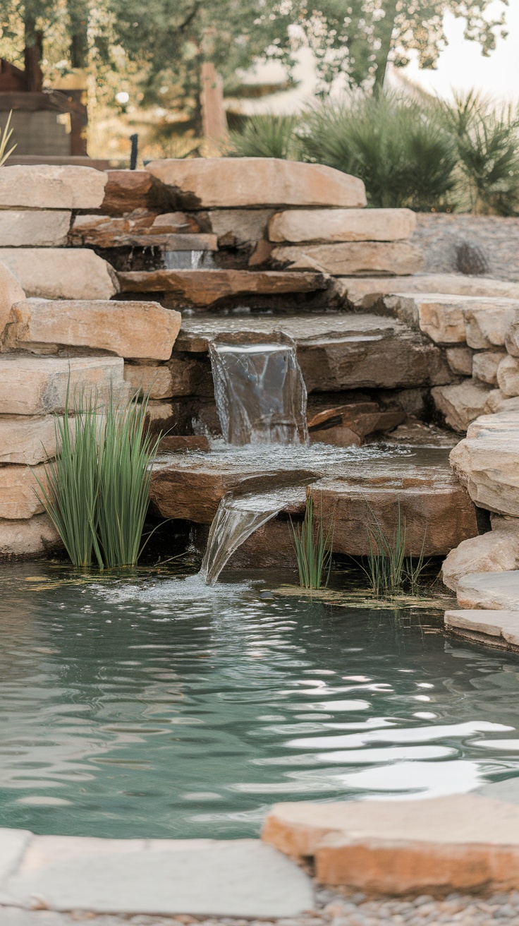 A serene water feature with cascading water over boulders, surrounded by green plants.