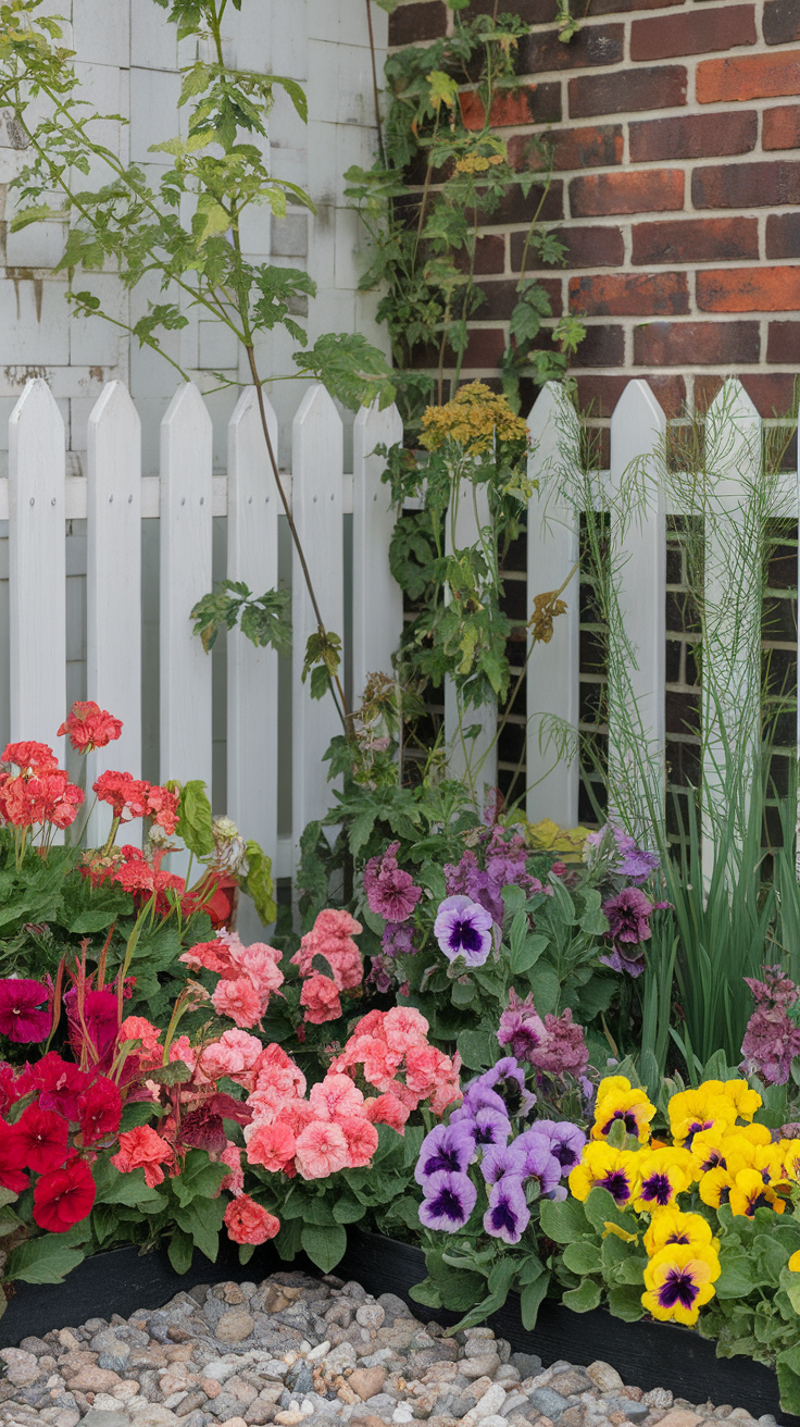 A colorful corner garden with various flowers in bright hues near a white picket fence.