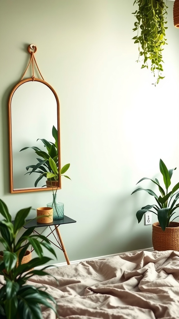 A boho bedroom featuring a sage green wall, a mirror, and various plants.