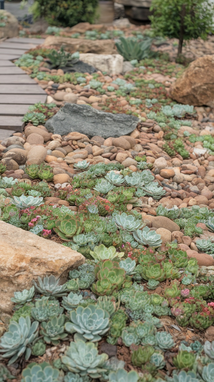 A garden featuring various succulents and river rocks as ground cover.