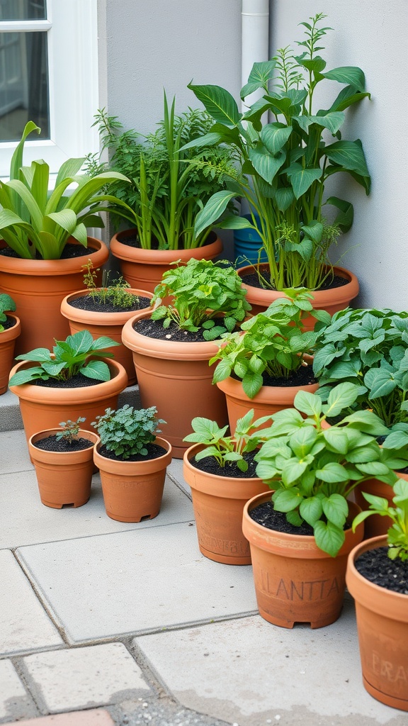 A collection of terracotta pots with various plants, showcasing a vibrant small vegetable garden.