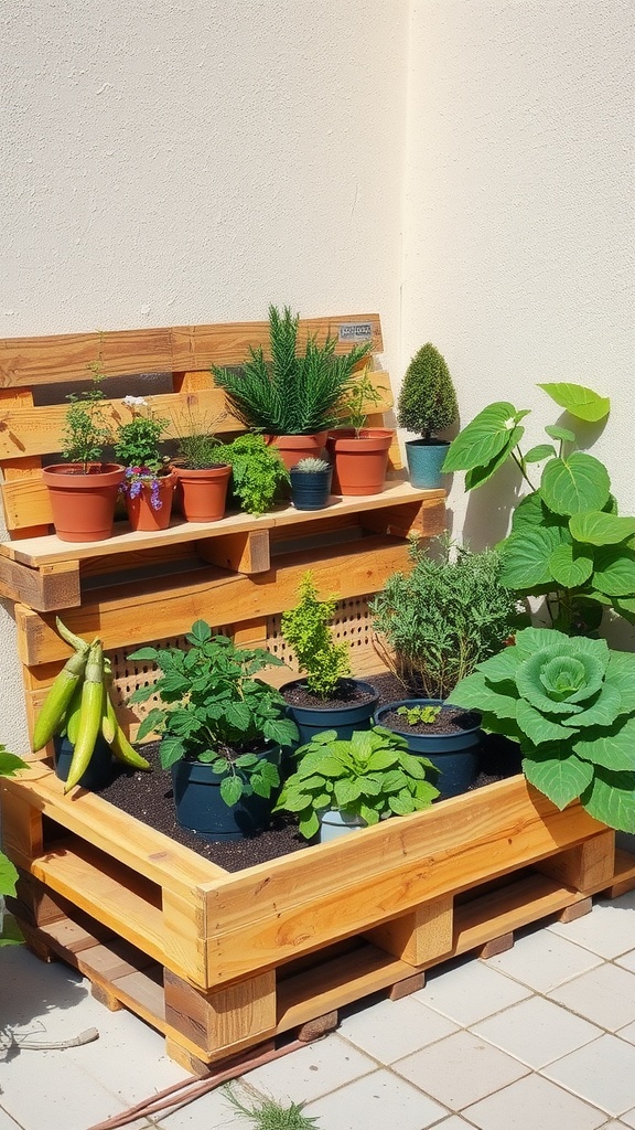 A wooden pallet garden with various plants in pots arranged on different levels.