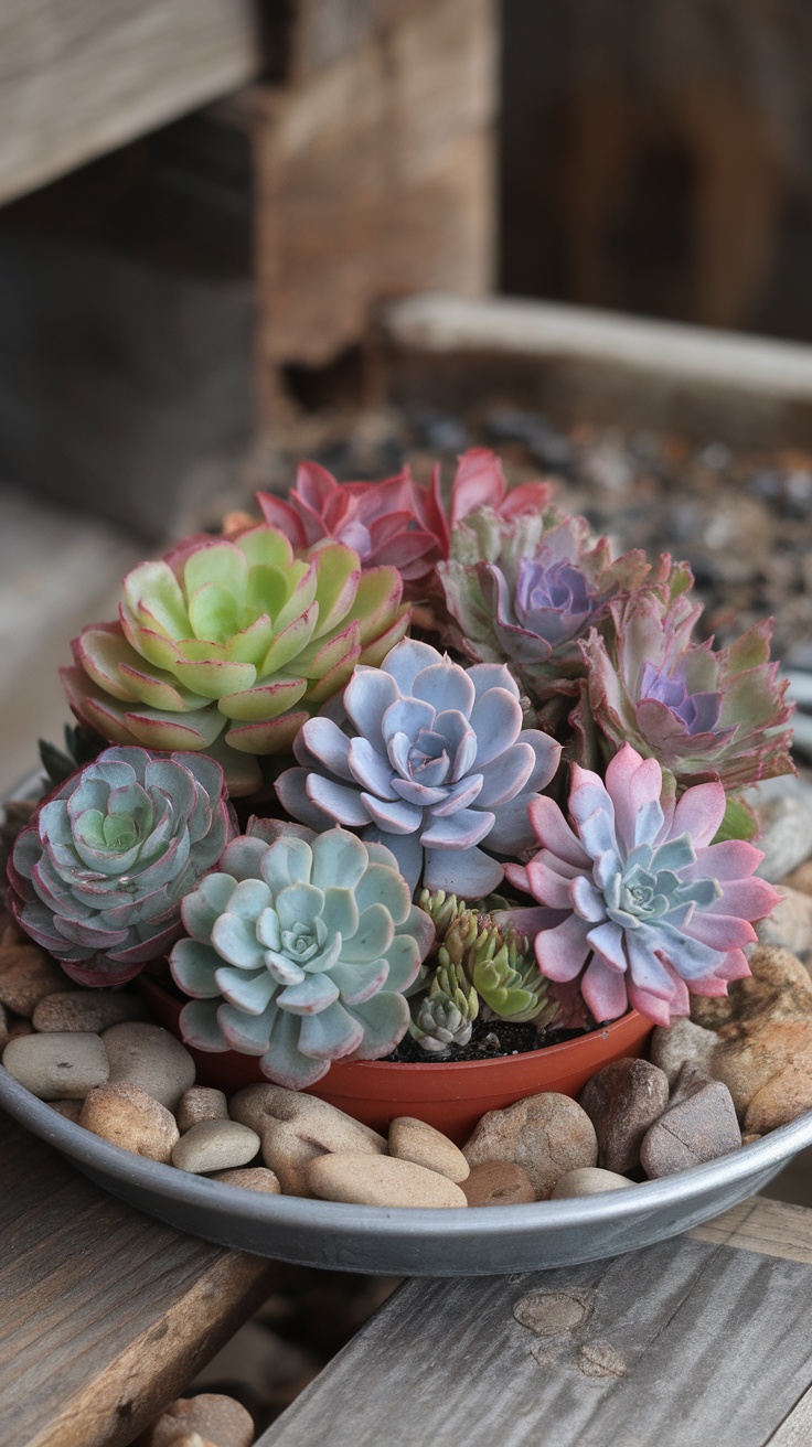 A colorful arrangement of succulents in a pot surrounded by river rocks.