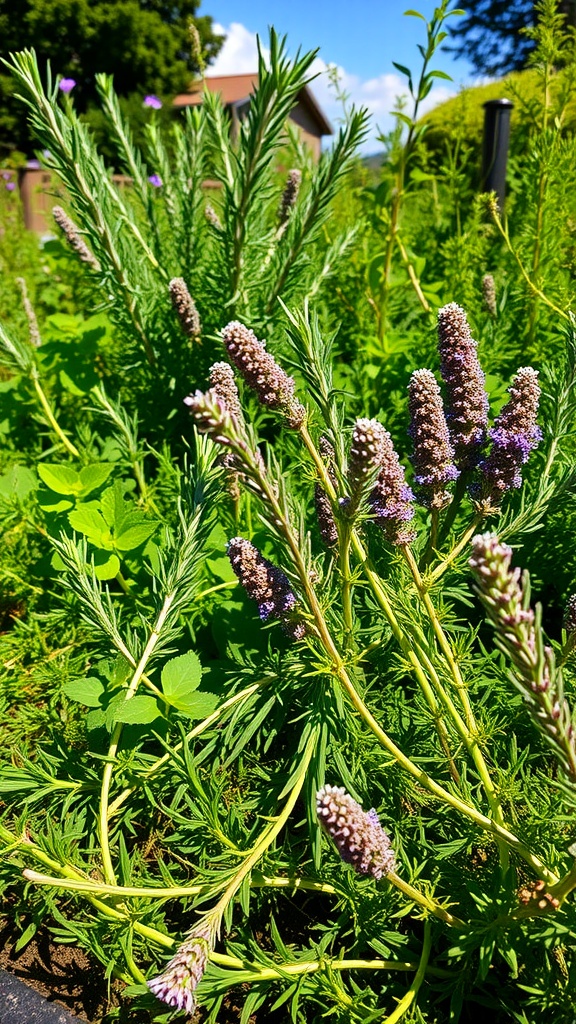 Mediterranean herbs in a garden bed, showcasing vibrant green foliage and blooming flowers.