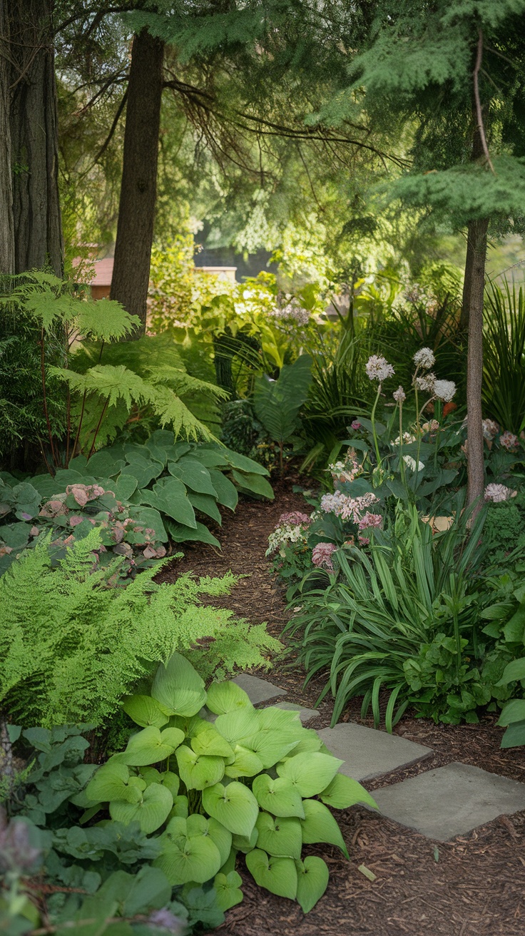 A lush garden filled with various shade plants, including ferns and hostas, surrounding a stone path.