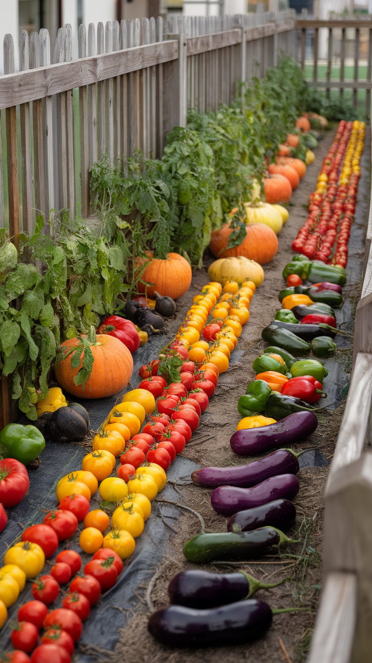 A colorful vegetable patch with ripe tomatoes, peppers, and pumpkins lined in rows.