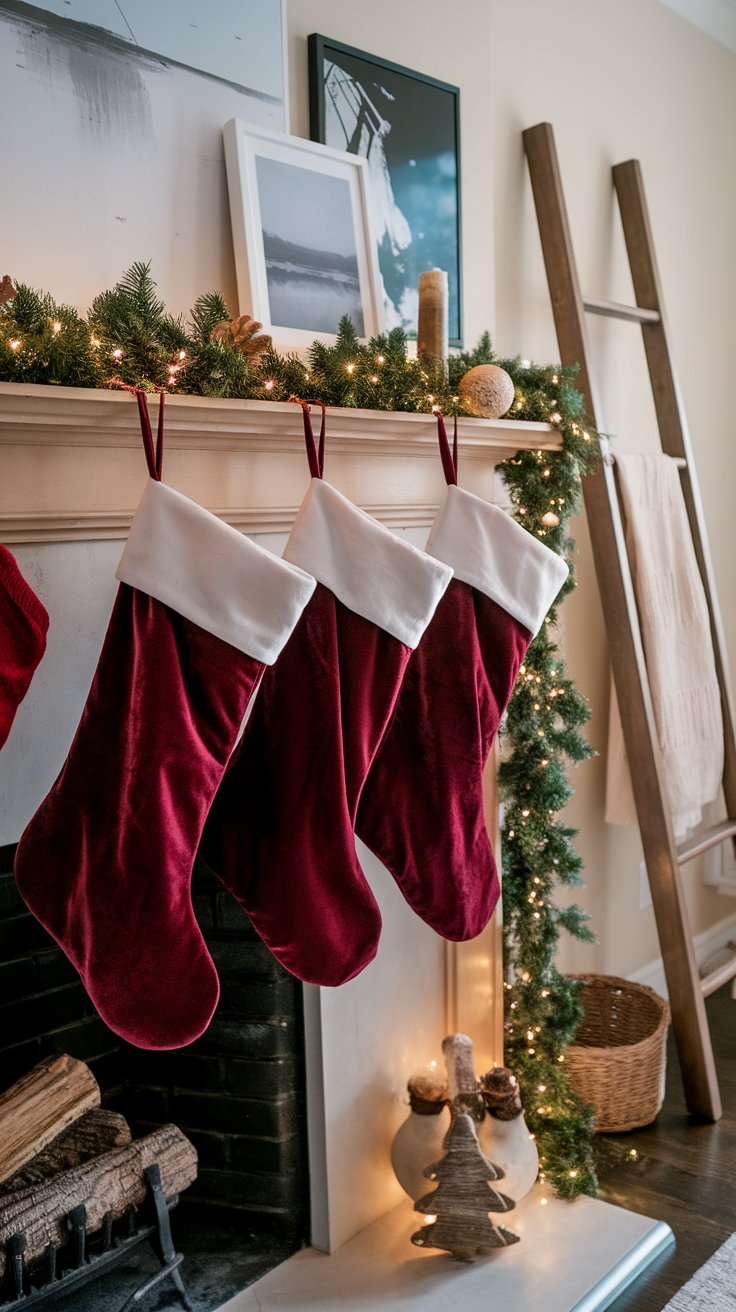 A festive display of burgundy velvet stockings hanging from a mantle decorated for the holidays.