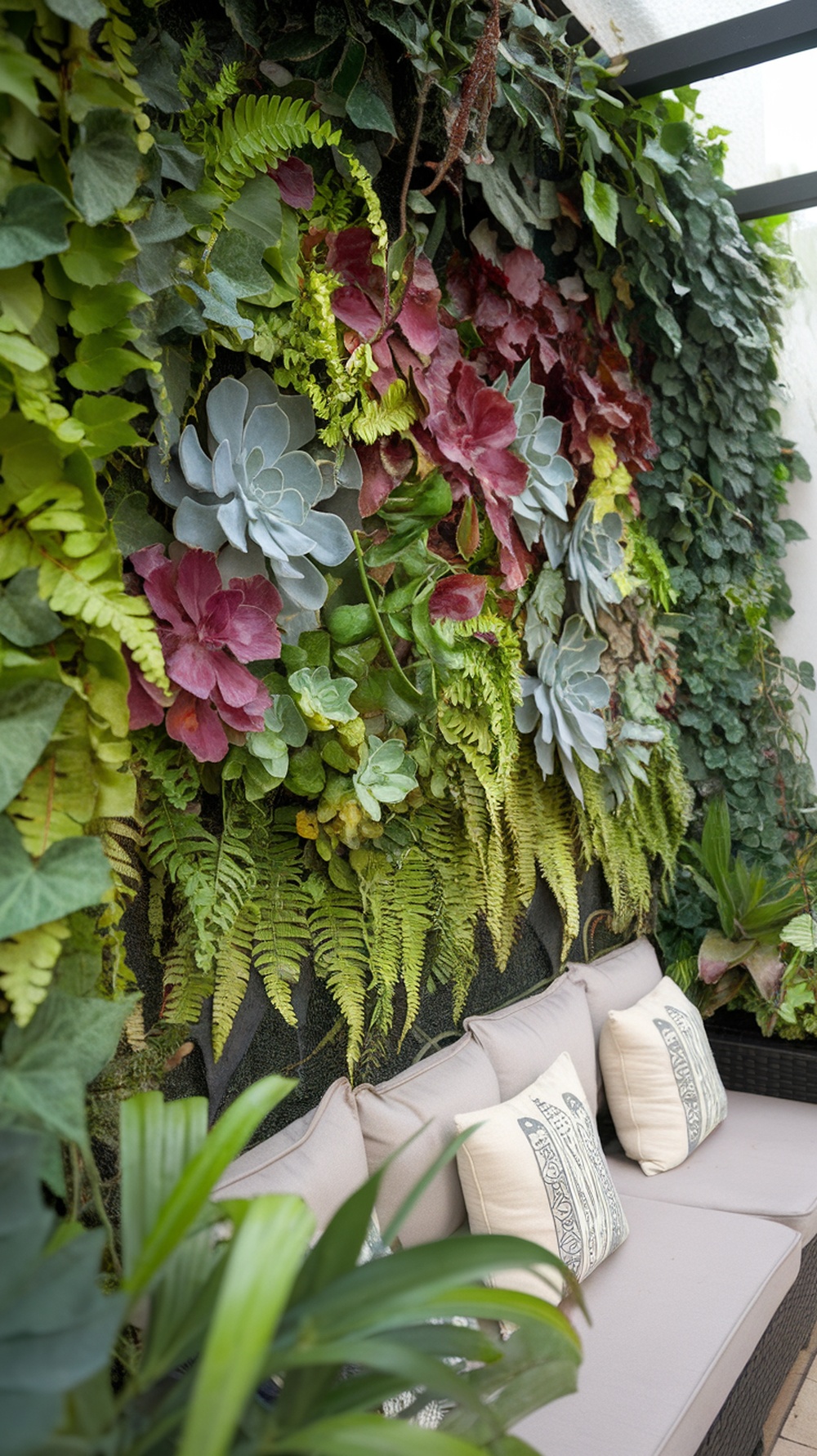 A cozy vertical garden lounge with various plants and comfortable seating.
