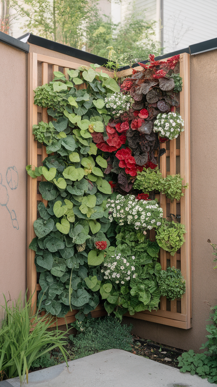 Vertical garden with colorful plants on a wooden trellis.