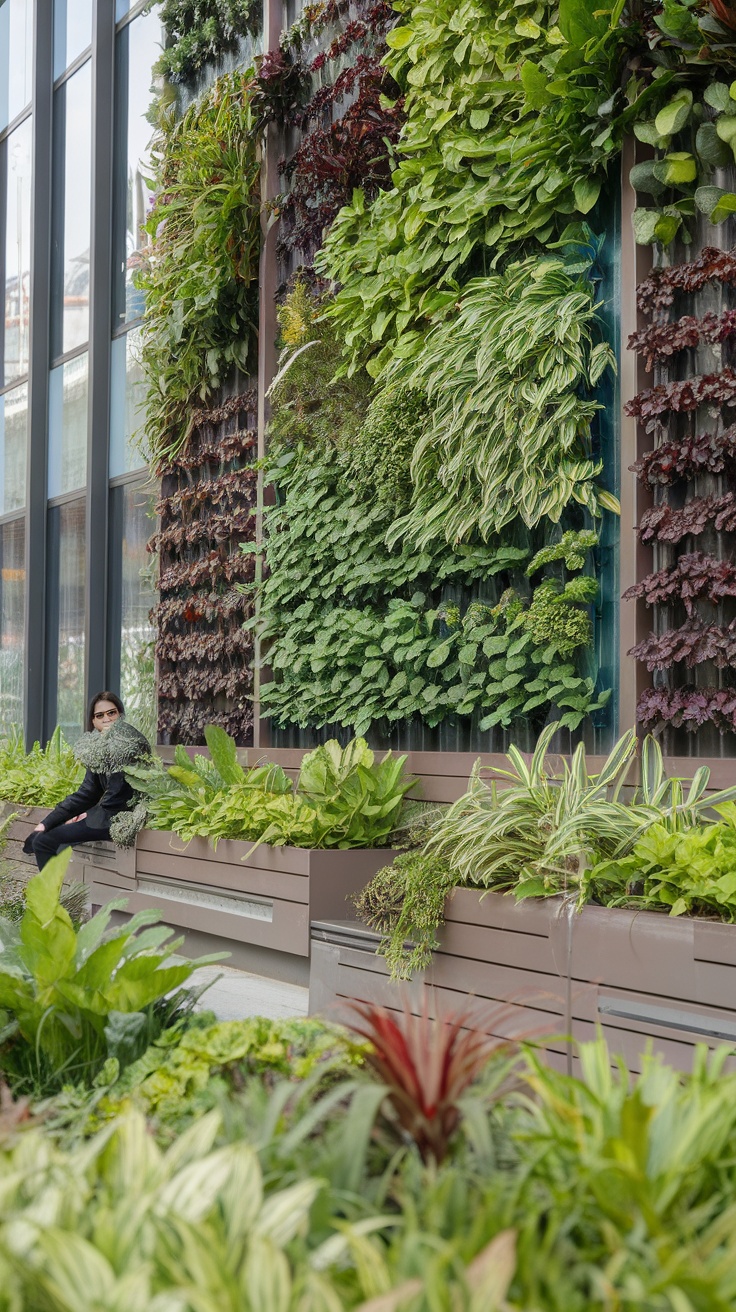 Vertical garden wall with various plants and built-in seating area