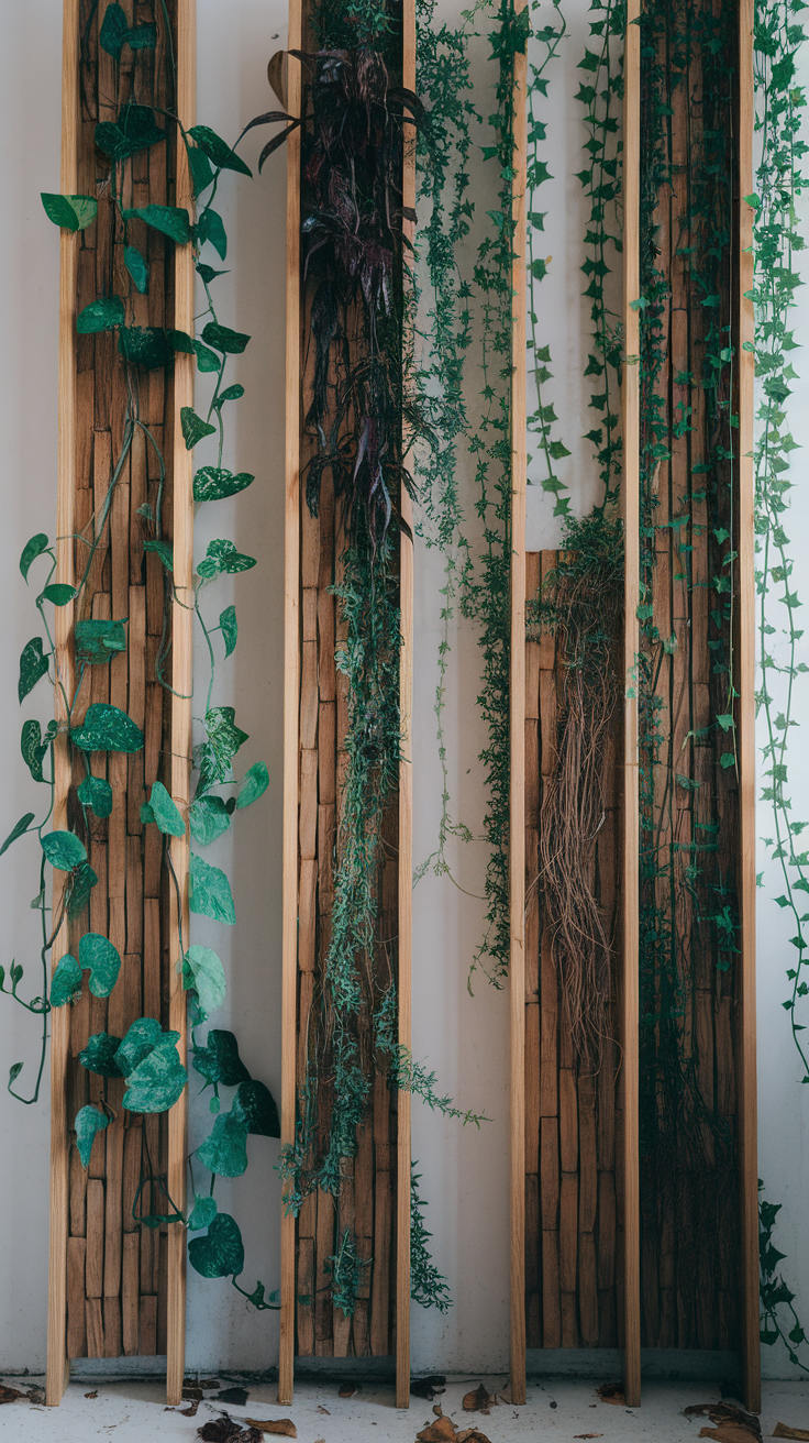 Wooden dividers with climbing plants and vines