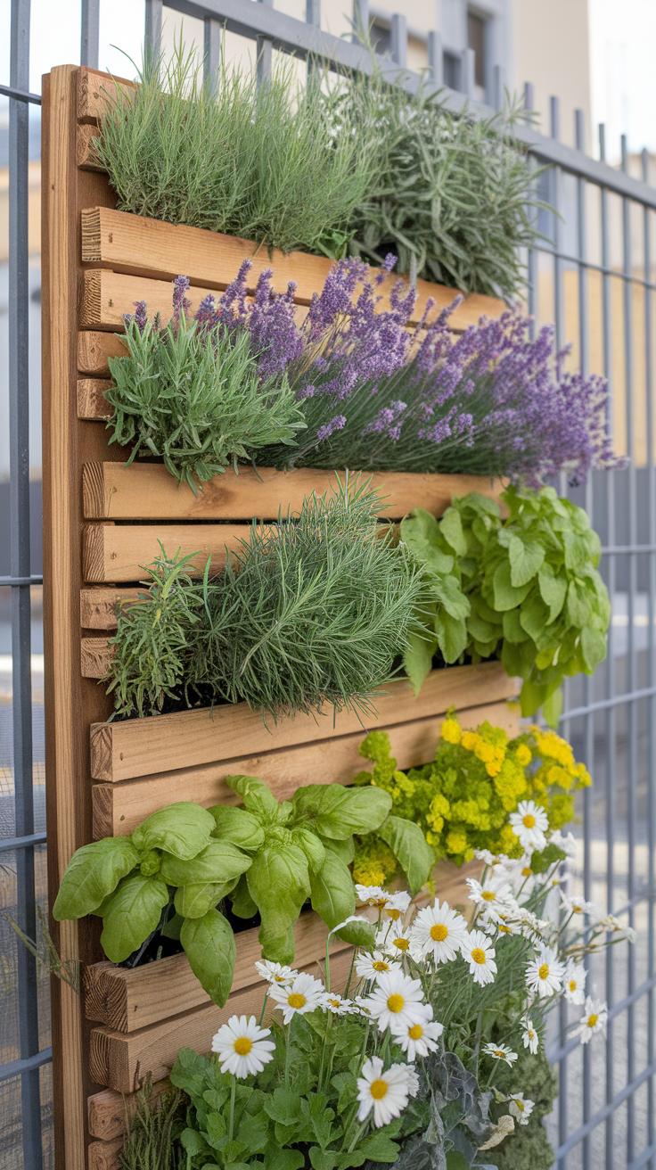 A wooden vertical planter with various herbs and flowers including lavender and daisies.