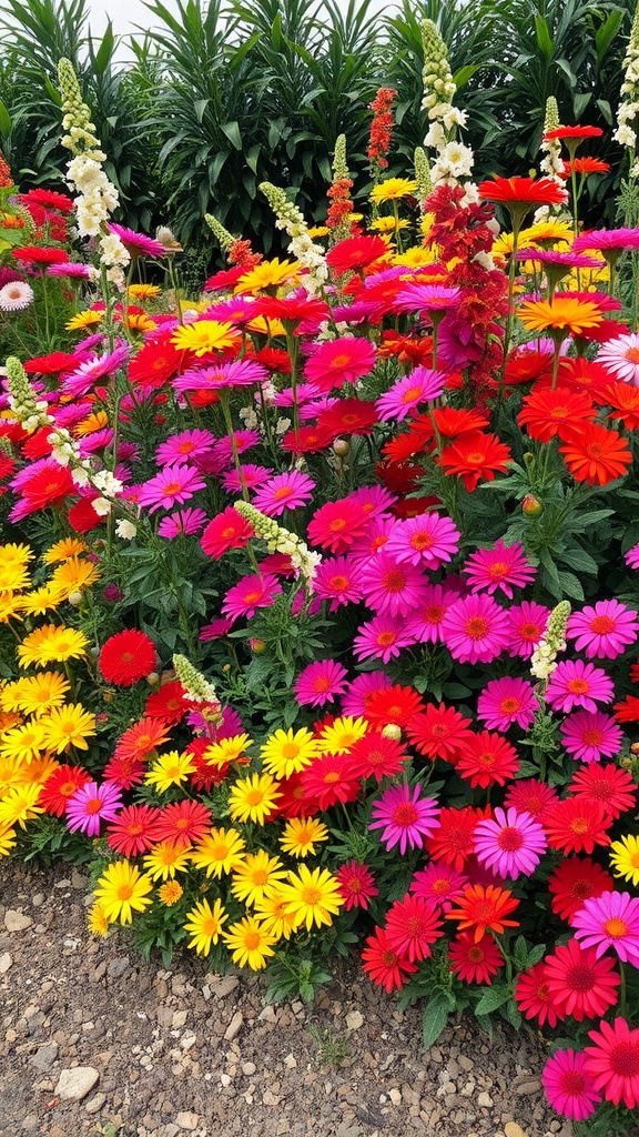 A colorful display of vibrant annual flowers including pink, red, yellow, and purple blooms.
