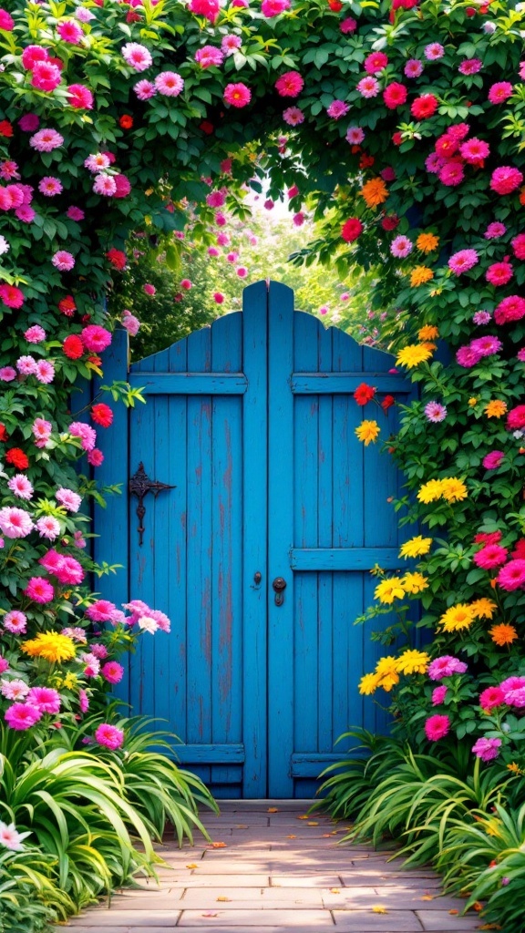 A vibrant garden gate surrounded by colorful flowers