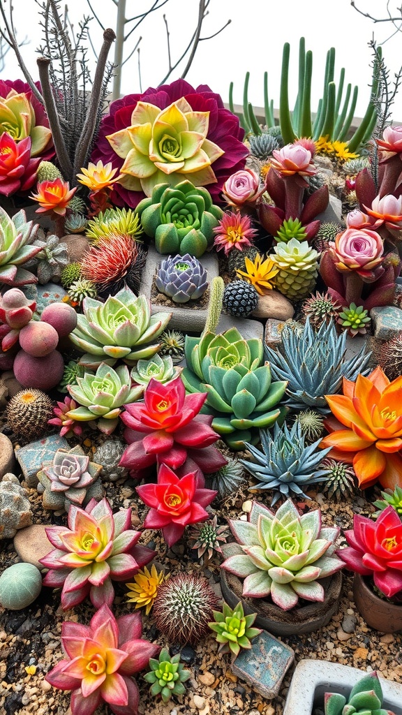 A vibrant collection of various succulents in bright colors and unique shapes.