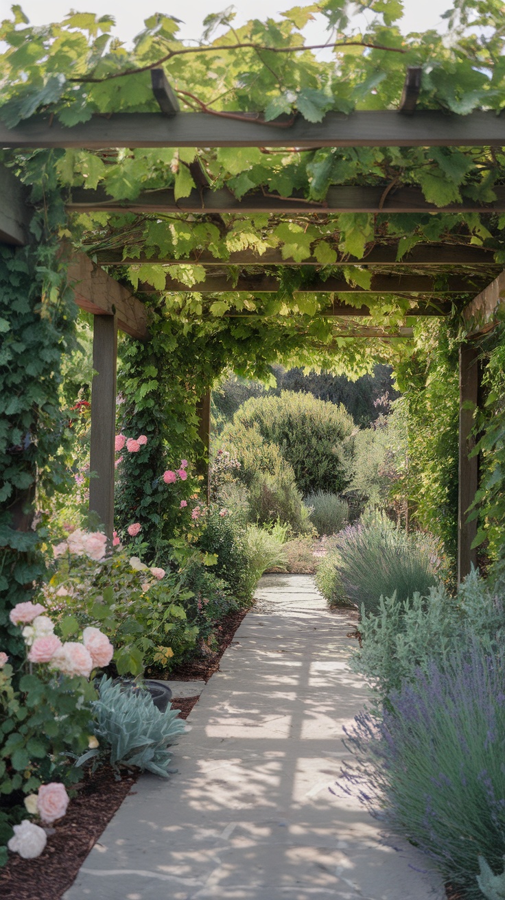 A vine-covered pergola walkway with blooming flowers and greenery on both sides.