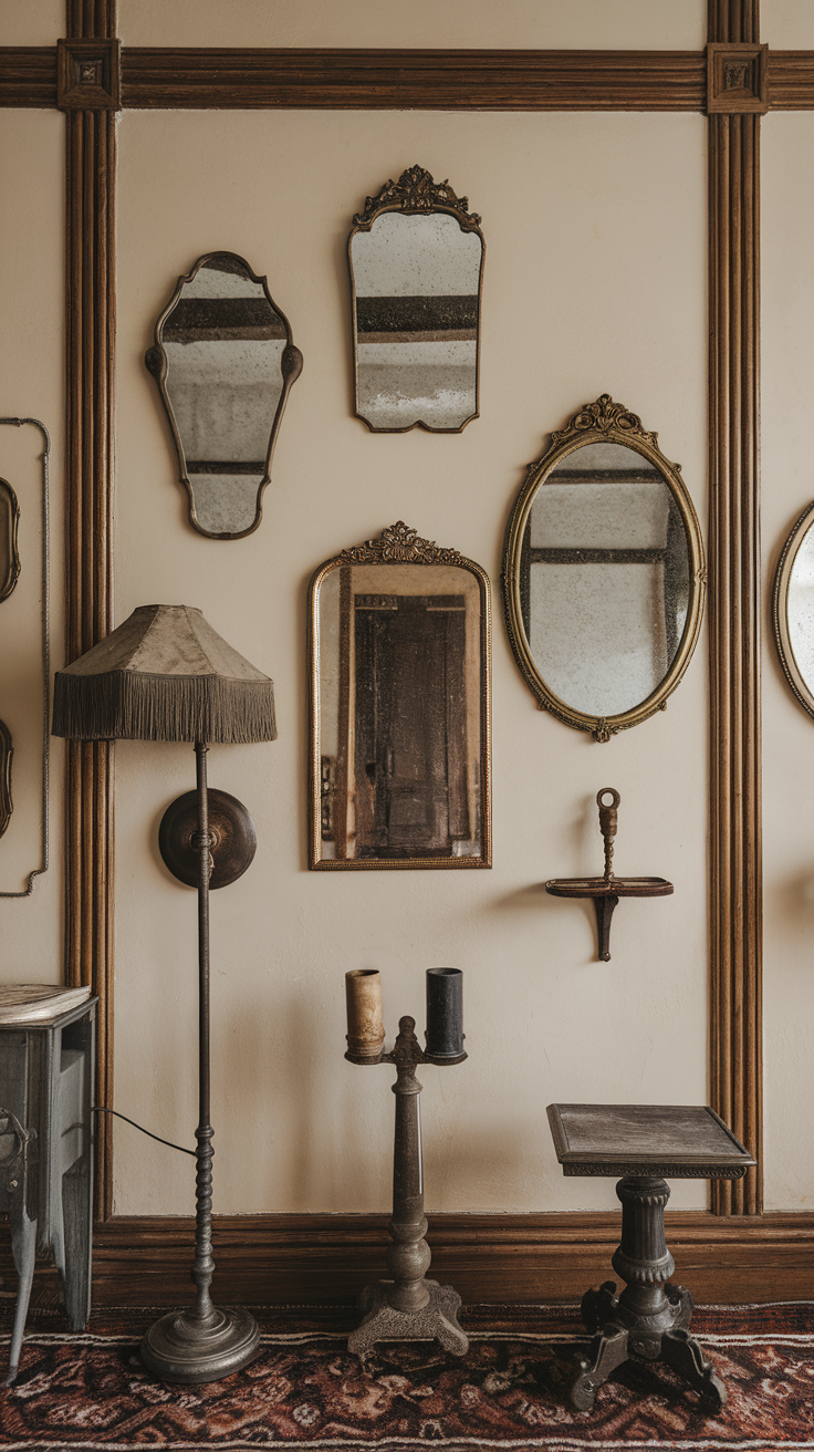 A wall displaying various vintage mirrors with a cozy lamp and candle holders in an elegant setting.