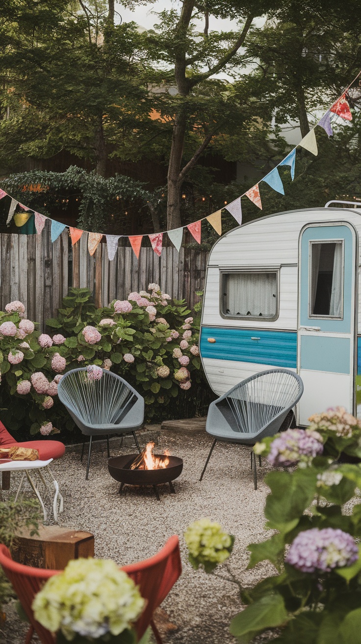 A vintage caravan in a garden setting, surrounded by colorful flowers and seating around a fire pit.
