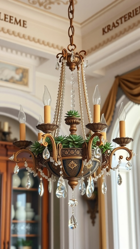Vintage chandelier with succulent accents and crystal details.