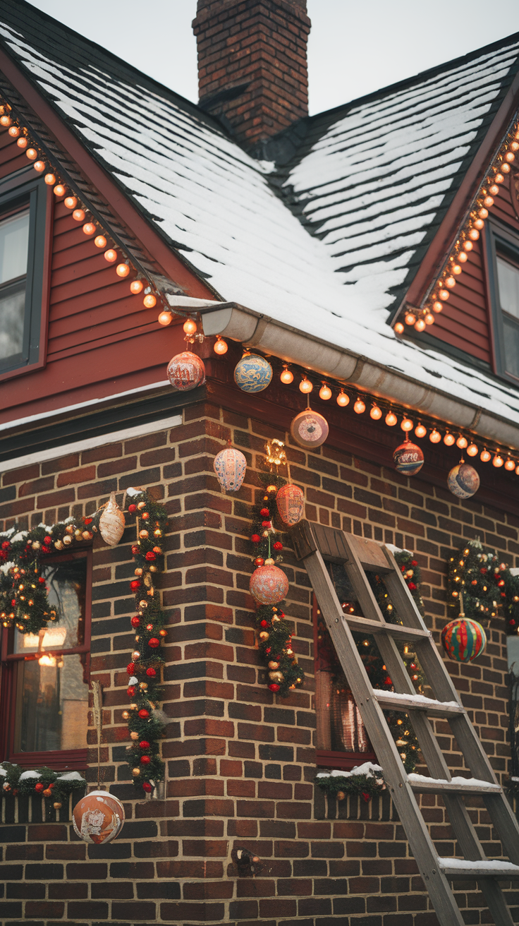 A cozy house decorated with vintage Christmas lights and ornaments against a snowy backdrop.