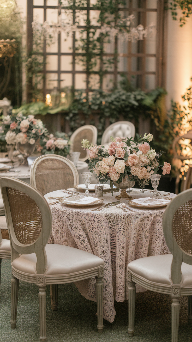 A beautifully arranged garden table set for an outdoor party, featuring flowers and elegant tableware.