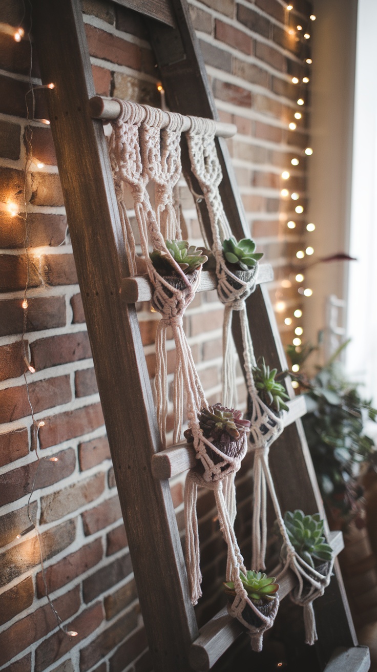 A vintage wooden ladder showcasing macrame plant hangers with succulents, adorned with fairy lights in a cozy indoor setting.