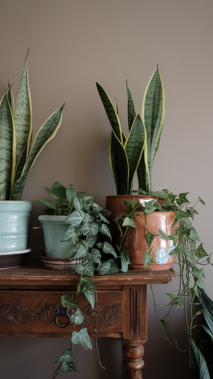 A wooden table with potted plants including a tall Sansevieria and trailing pothos, showcasing vintage elements.