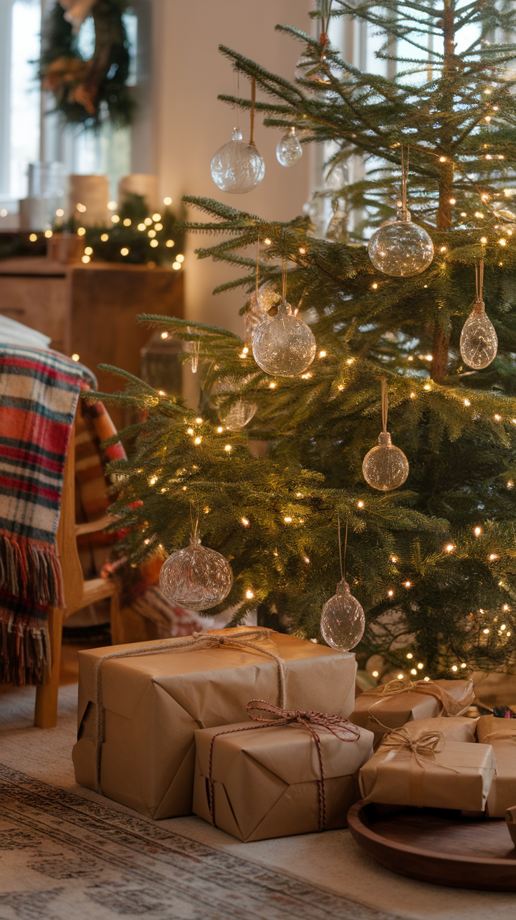 A beautifully decorated Christmas tree with vintage ornaments and wrapped gifts underneath.