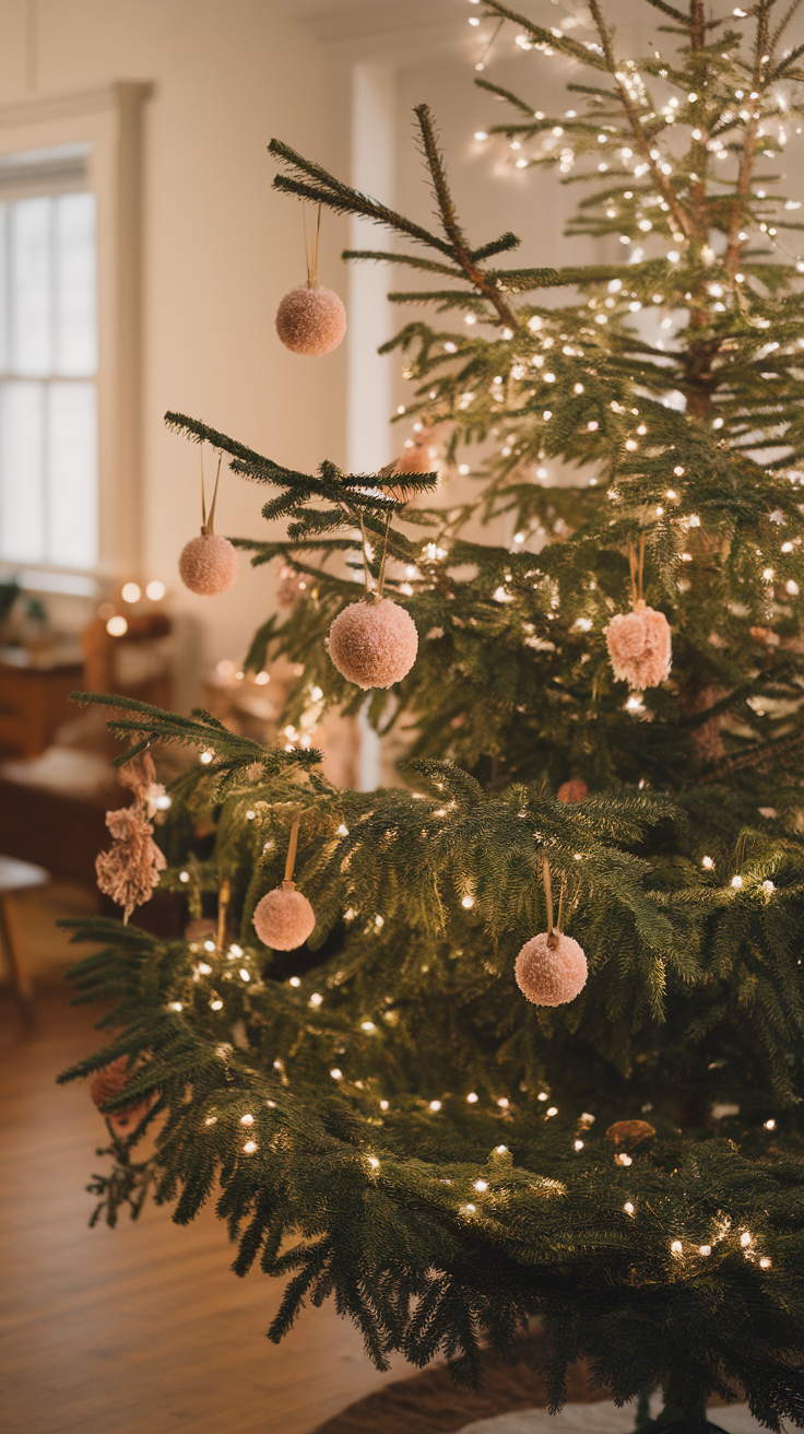A Christmas tree decorated with vintage peach fuzz ornaments and warm white lights.